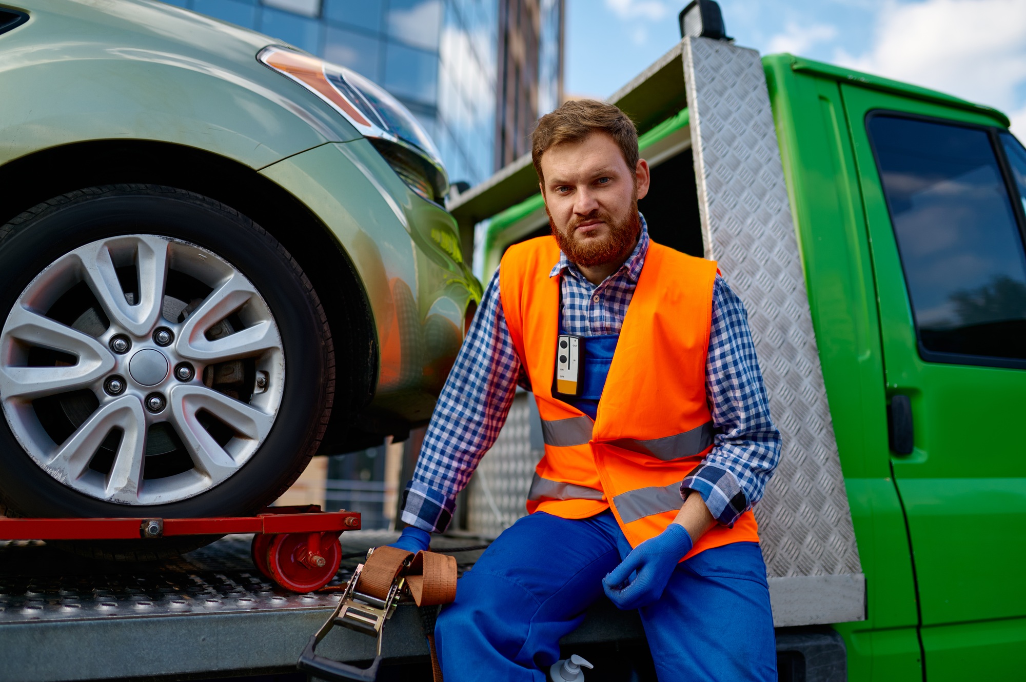 Portrait of serious male tow truck operator