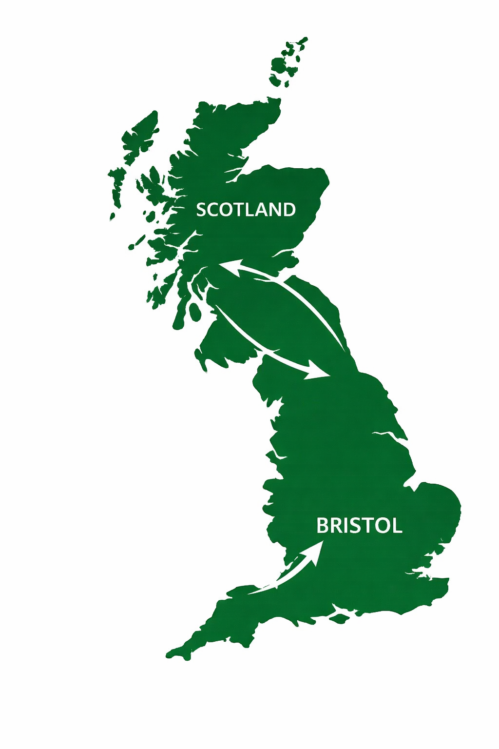 map showing car transport route from Bristol to Scotland UK