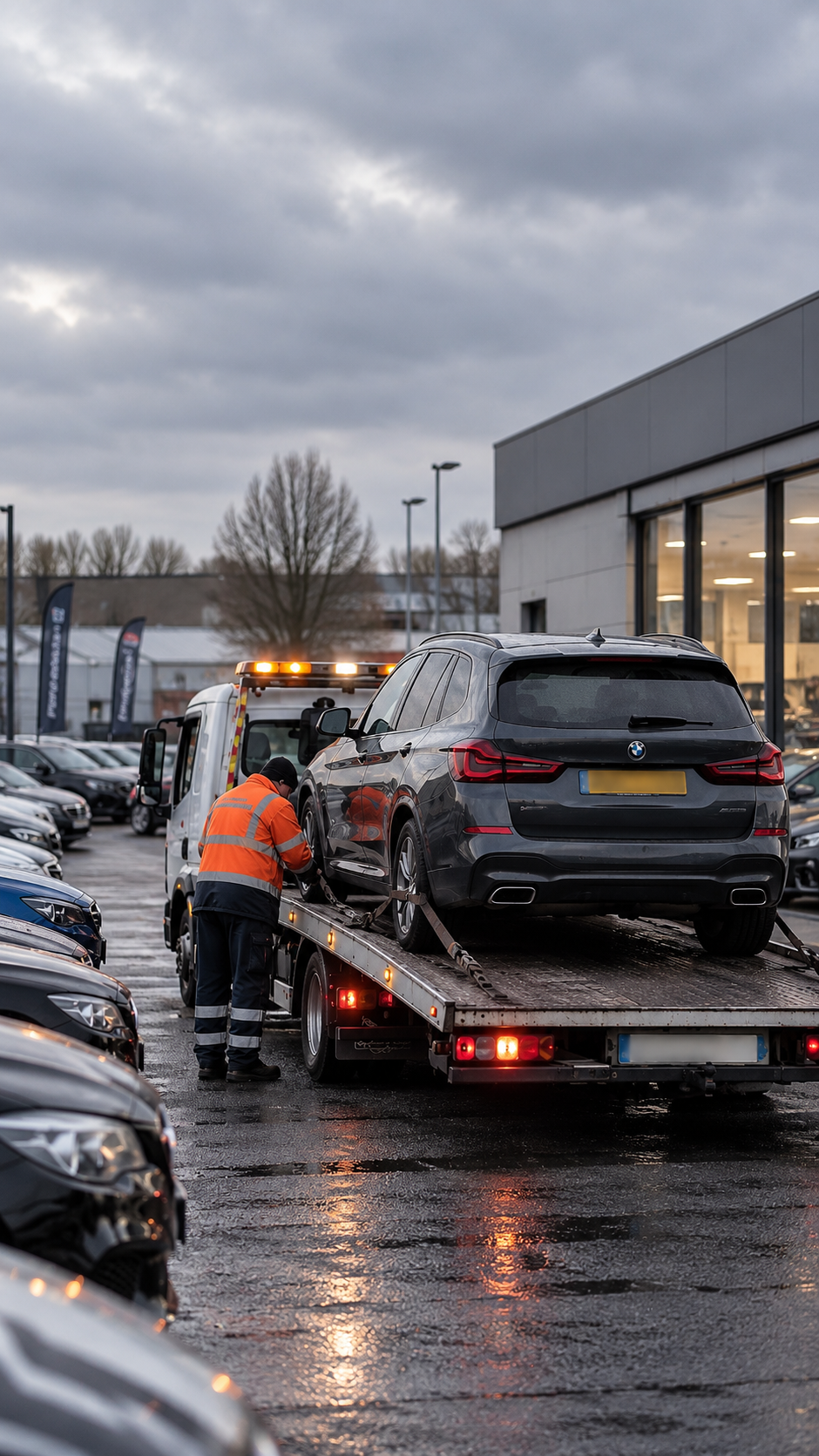 BCA Livingston vehicle delivery – car on a flatbed transporter outside a UK dealership