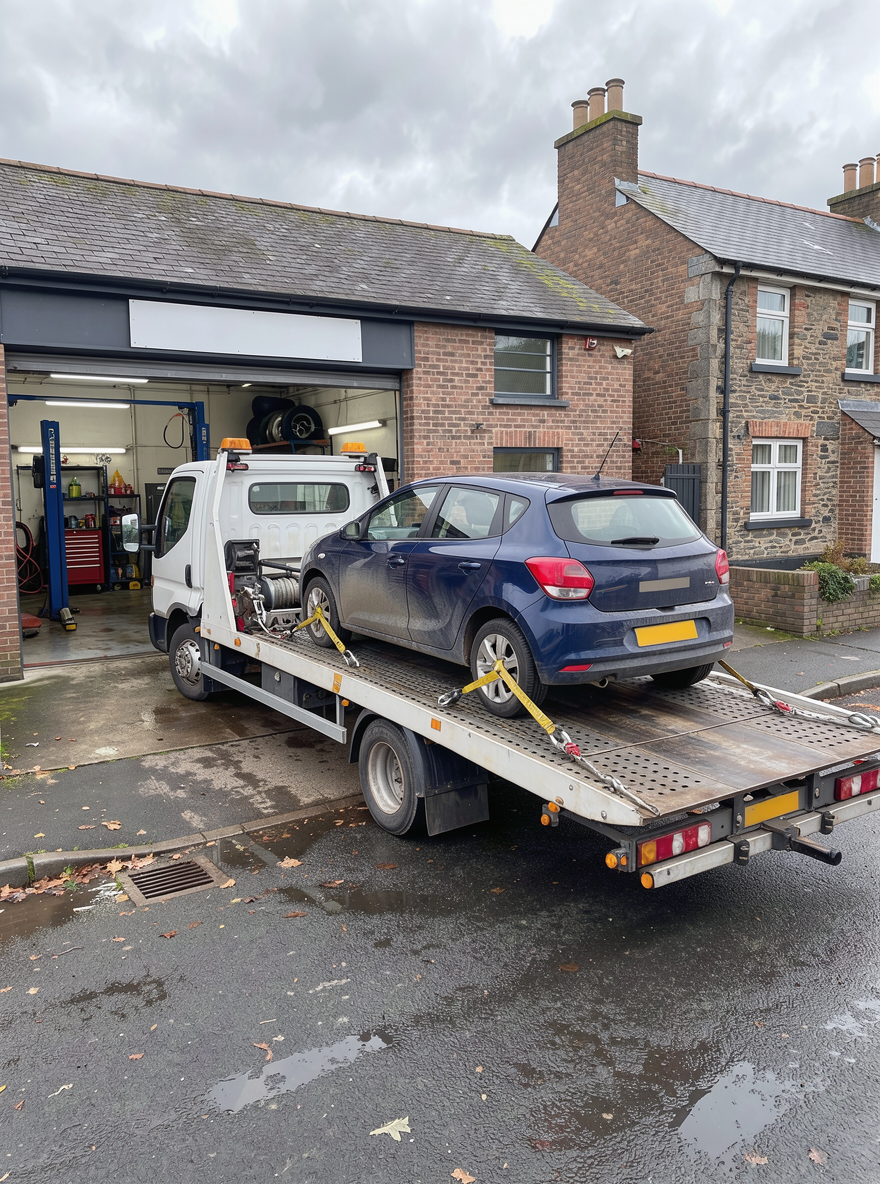Breakdown recovery Bathgate – car on a recovery truck outside a local garage