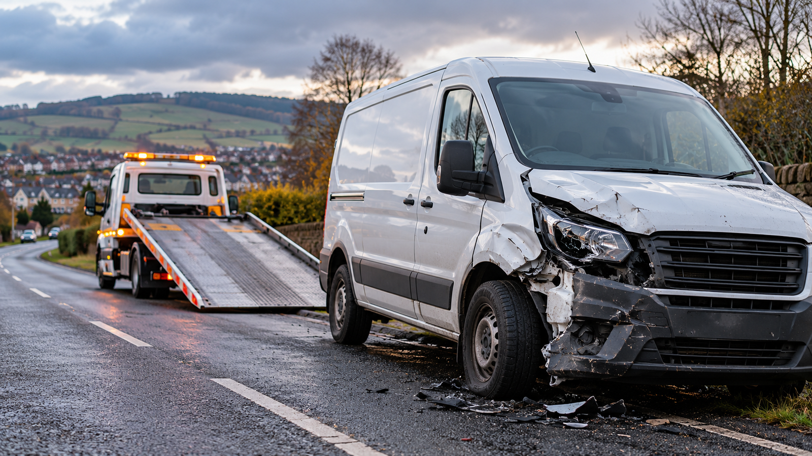 Accident recovery West Calder – damaged white van with a flatbed recovery truck on a Scottish road