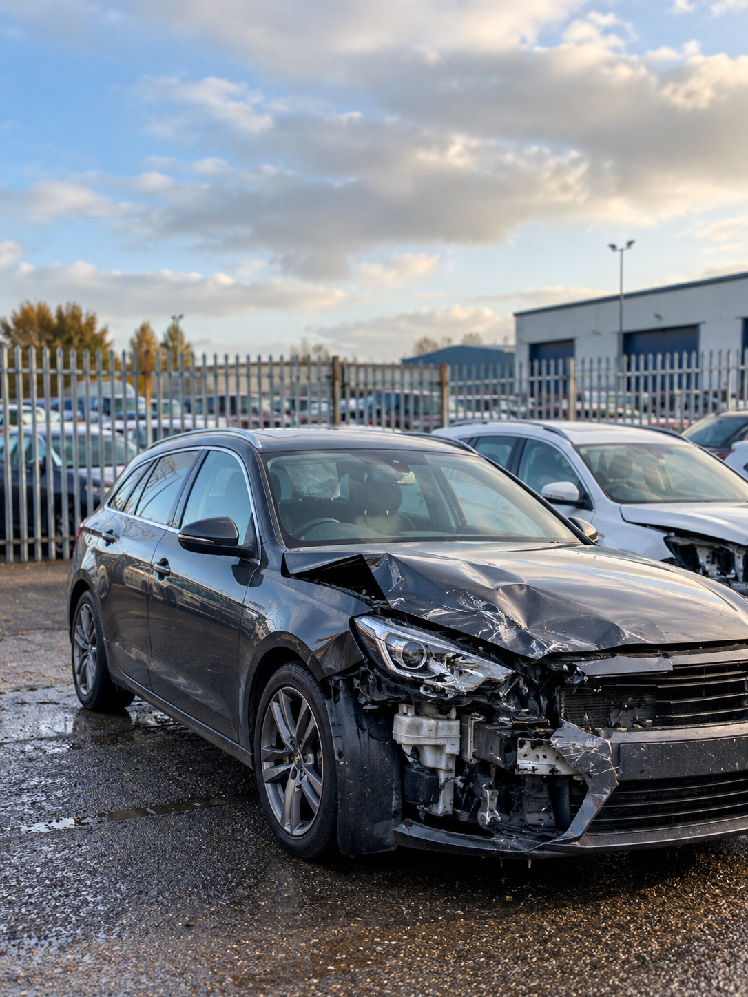 Copart Whitburn salvage car collection – black accident-damaged car with front bumper damage at a vehicle storage yard