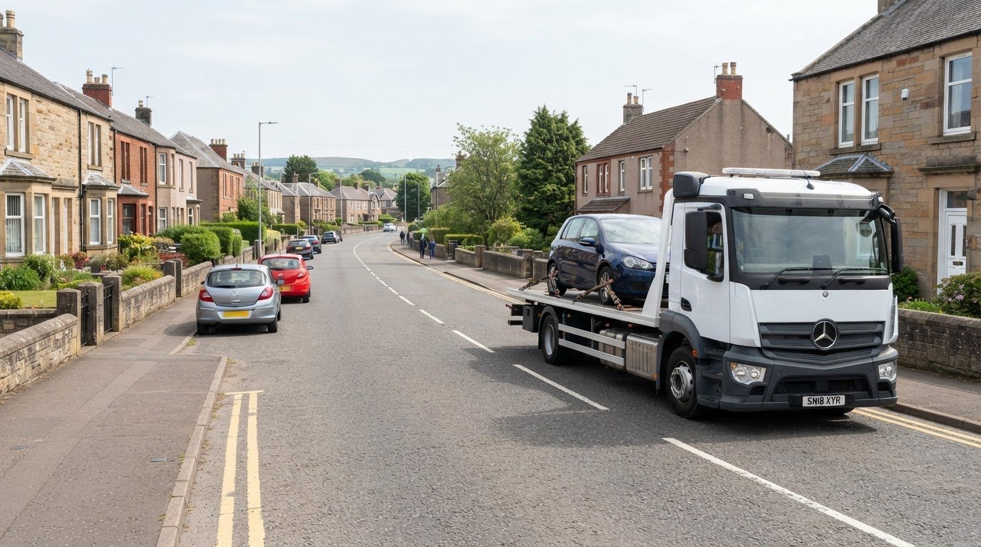 John Pye Bo'ness vehicle delivery – white recovery truck on a residential street in the UK