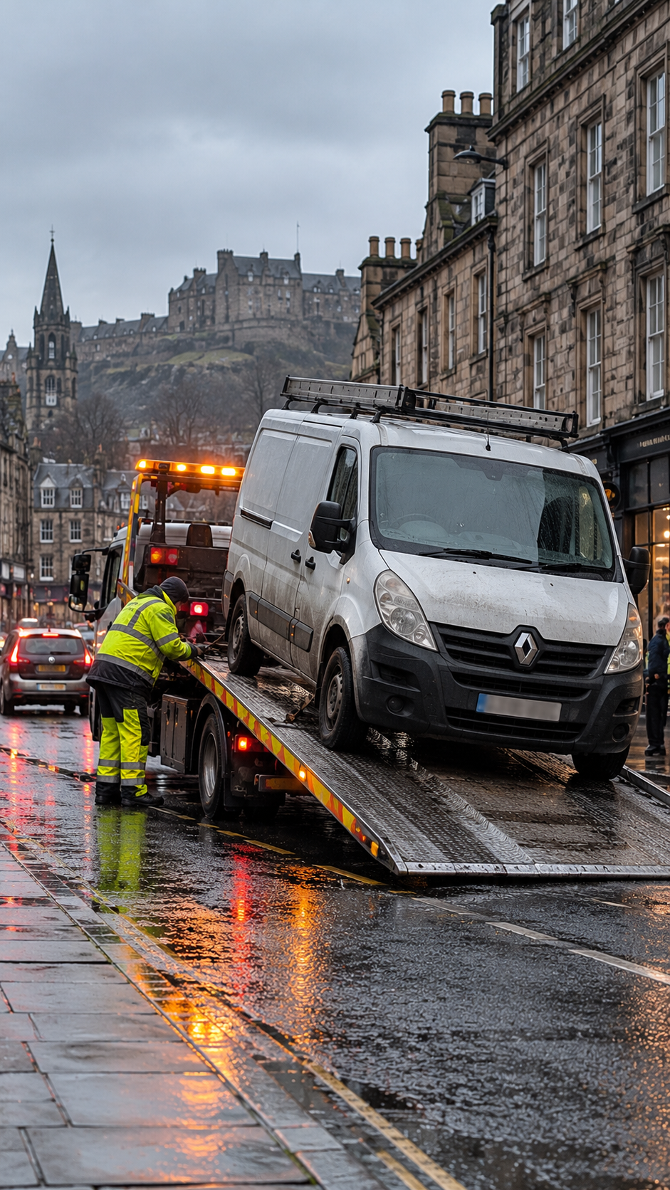 Van recovery Uphall – white commercial van being loaded onto a recovery truck on a UK street