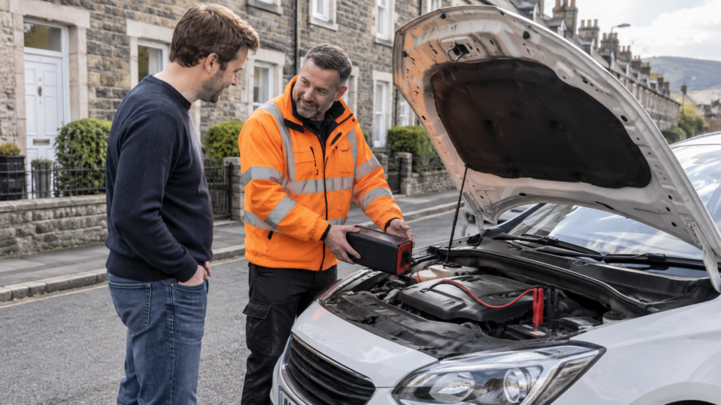 Roadside assistance Winchburgh – mechanic helping jump-start a car with a flat battery