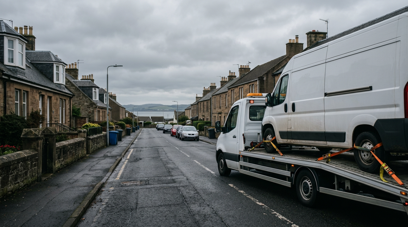 Van recovery Shotts – white commercial van on a flatbed recovery truck in a Scottish residential neighbourhood